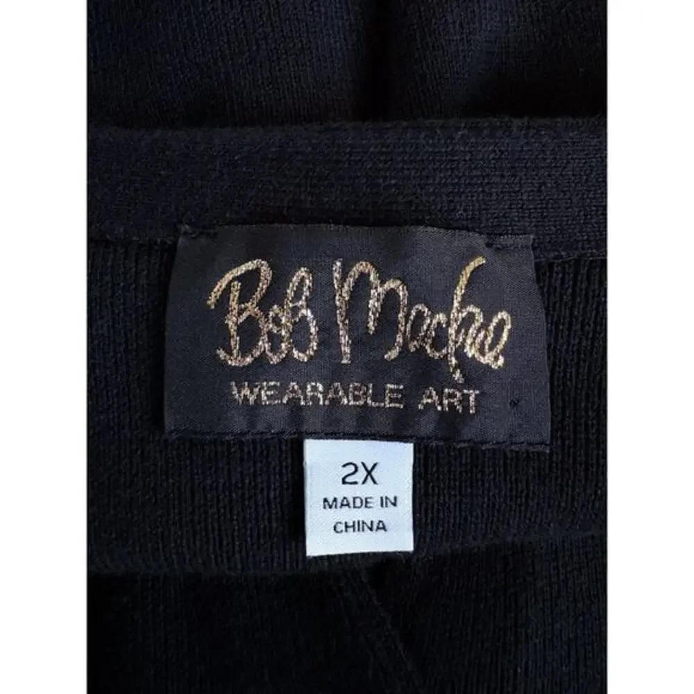 Bob Mackie Wearable Art Feather Embroidery Cardigan Sweater V-neck Black Plus 2X